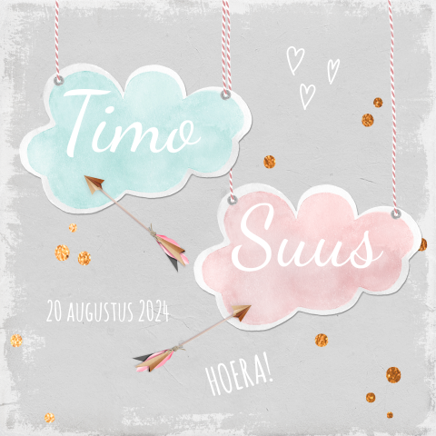 Geboortekaartje tweeling jongen en meisje met wolkjes