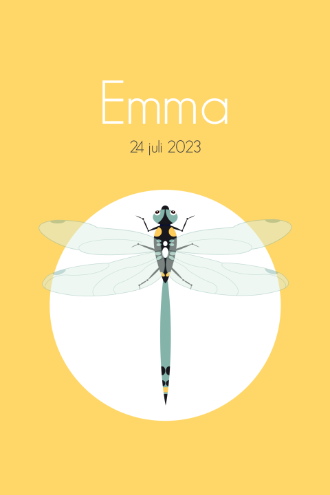 Geboortekaartje voor een meisje met gele achtergrond en libelle