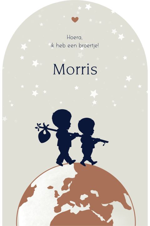 Boogvorm jongenskaartje silhouet broertjes wereldbol
