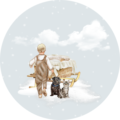 Vrolijke sluitsticker met een jongen, slee en huisdieren