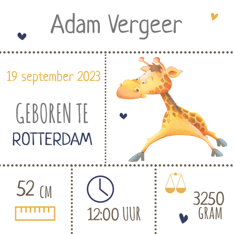 Grappig geboortekaartje met giraf voor een baby jongen