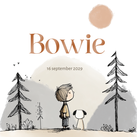 Geboortekaartje met een jongen en zijn hondje in het bos