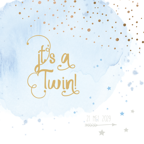 Hip blauw watercolor tweeling geboortekaartje jongen