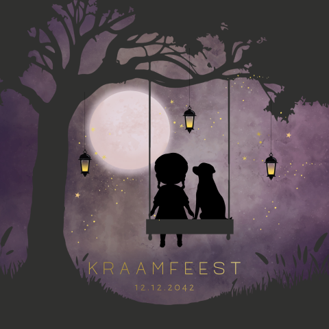 Kraamfeest uitnodiging winterliefde silhouet meisje op schommel