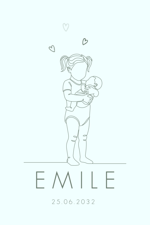 Geboortekaartje met grote zus en haar kleine broertje in lijntekening