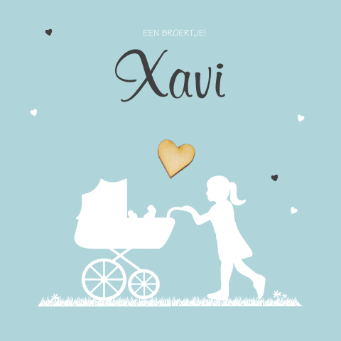 Geboortekaartje met silhouet van zus en broertje met kinderwagen