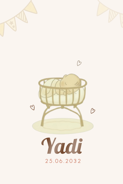 Tijdloos neutraal geboortekaartje met baby in getekend wiegje