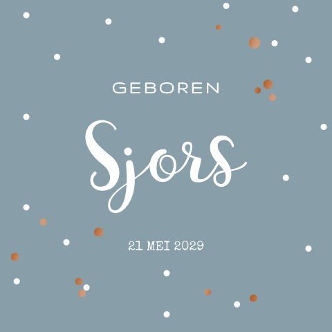 Geboortekaartje met hoogglans koper lak confetti