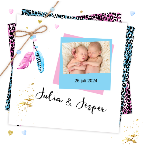 Geboortekaartje meisje jongen panterprint veertjes