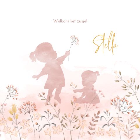 Een schattig waterverf geboortekaartje met silhouet zusjes