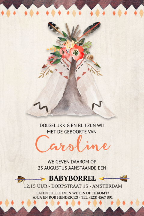 Babyborrel uitnodiging met bohemian wigwam