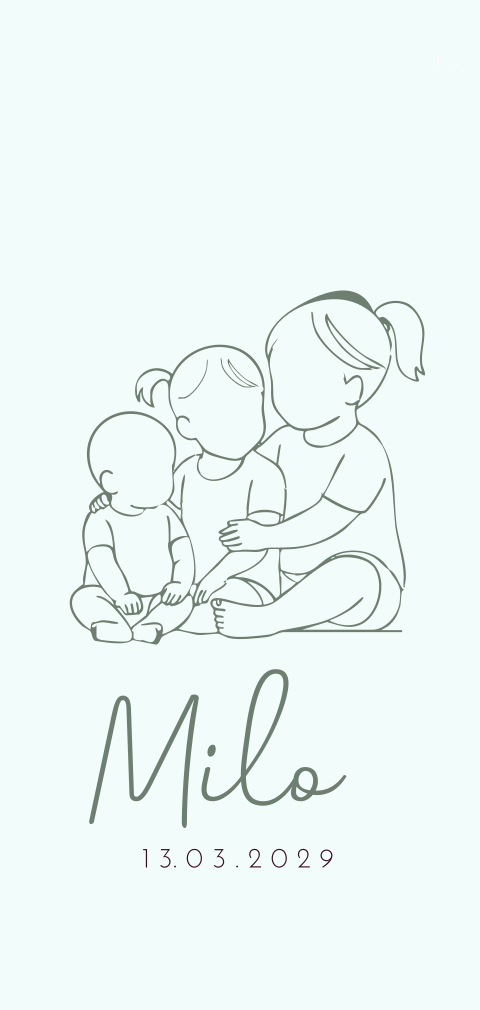 Geboortekaartje derde kindje jongen met grote zussen outline