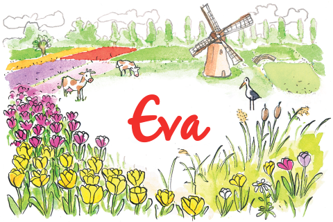 Geboortekaartje meisje, Hollands landschap, molen, tulpen en ooievaar