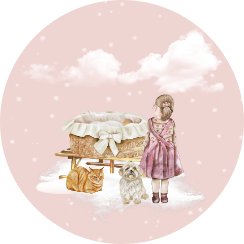 Sluitsticker zegel mandje op slee met zusje en huisdieren 