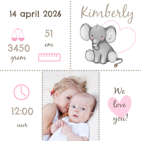 Lief geboortekaartje met voetjes en olifant