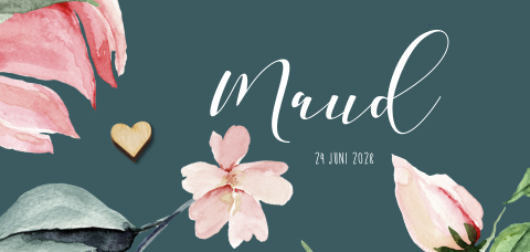 Bloemen geboortekaartje met echt houten hartje
