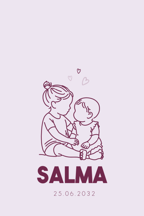 Lief geboortekaartje voor een meisje met zusjes die elkaar knuffelen