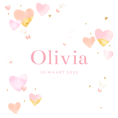 Lief geboortekaartje meisje met hartjes en vlindertjes