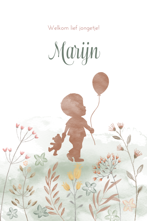 Watercolour jongenskaartje met veldbloemen en aquarel silhouet