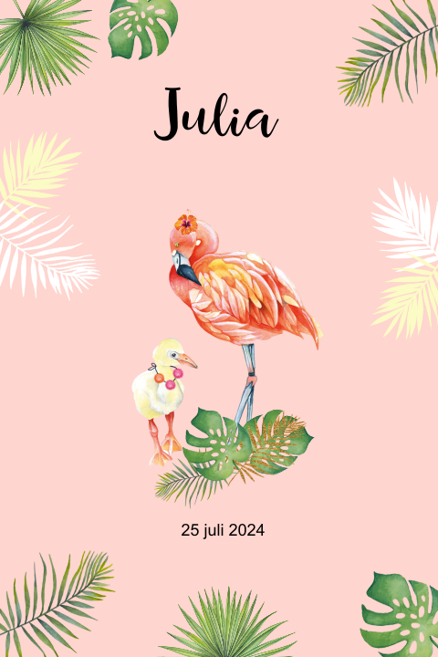 Geboortekaartje flamingo babymeisje met tropische bladeren