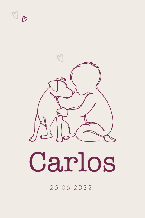 Leuk geboortekaartje met een jongen en een jack russel silhouet