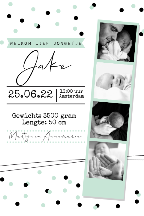 Eigentijds geboortekaartje met fotostrip voor jongen
