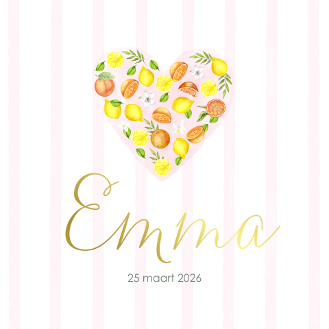 Geboortekaartje meisje hartje citroen en sinaasappels