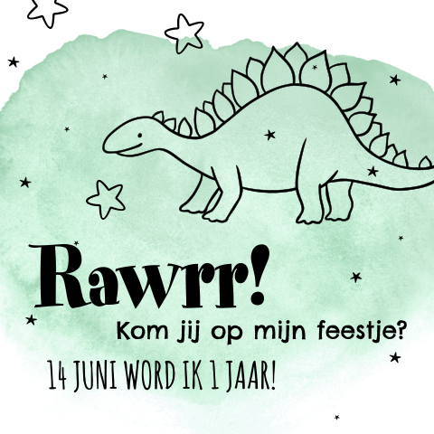 Stoere uitnodiging 1e verjaardag jongen met tekening dinosaurus dino