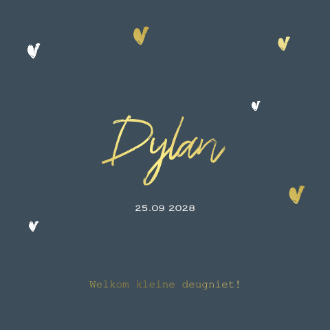 Lief kaartje geboorte zoon met hartjes en foliedruk