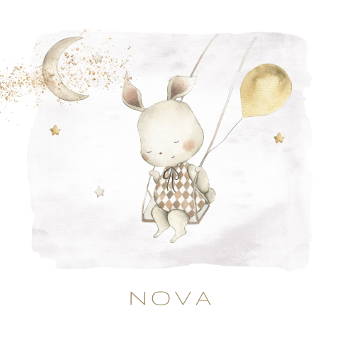 Lief geboortekaartje Nova meisje met konijn op schommel
