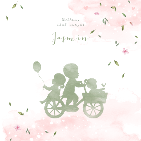 Waterverf geboortekaartje met broer en zus op de fiets in de natuur