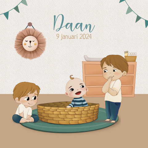 Geboortekaartje 3e kindje jongen met 2 grote broers