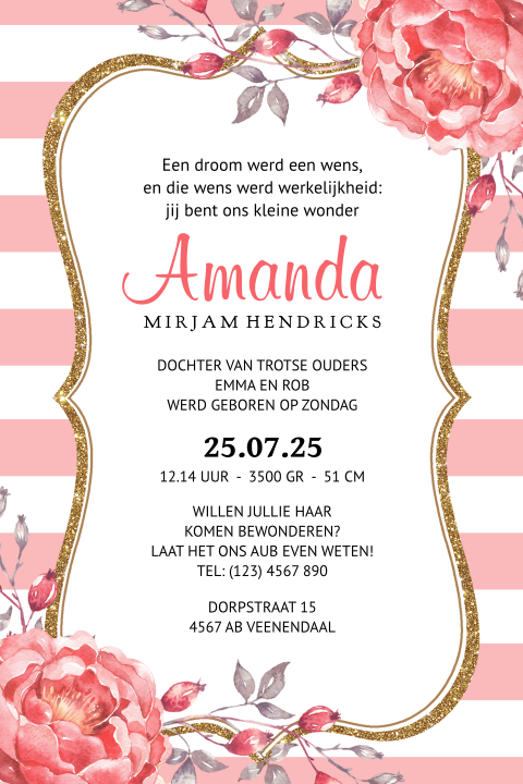 Geboortekaartje roze wit strepen en bloemen met goudkleurig randje