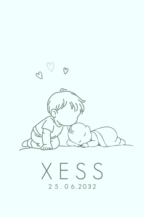 Lief geboortekaartje met grote broer die broertje een kus geeft