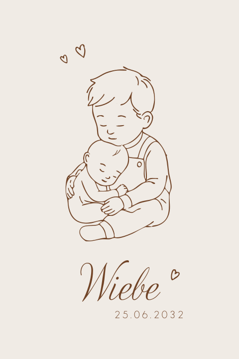 Geboortekaartje lijntekening beige en bruin broer met baby broertje