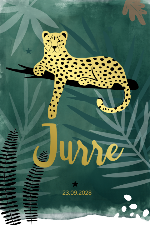Stoer jungle geboortekaartje jongen met luipaard