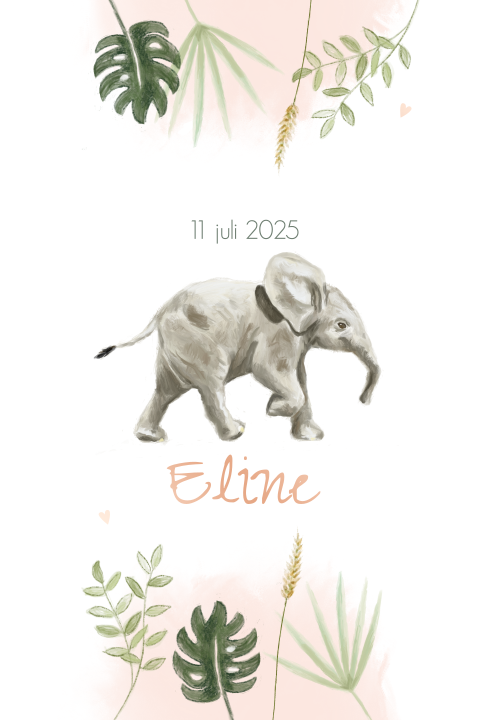 Geboortekaartje olifant en bladeren meisje