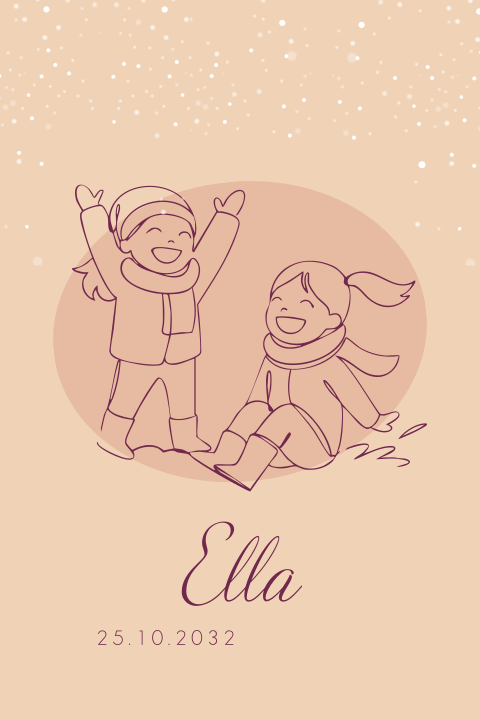 Geboortekaartje zusjes winter pret sneeuw lijntekening silhouet