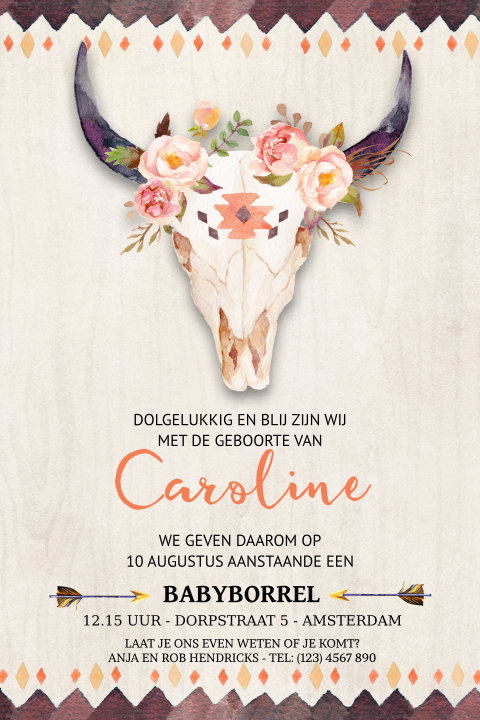 Kraamfeest uitnodiging bohemian licht hout