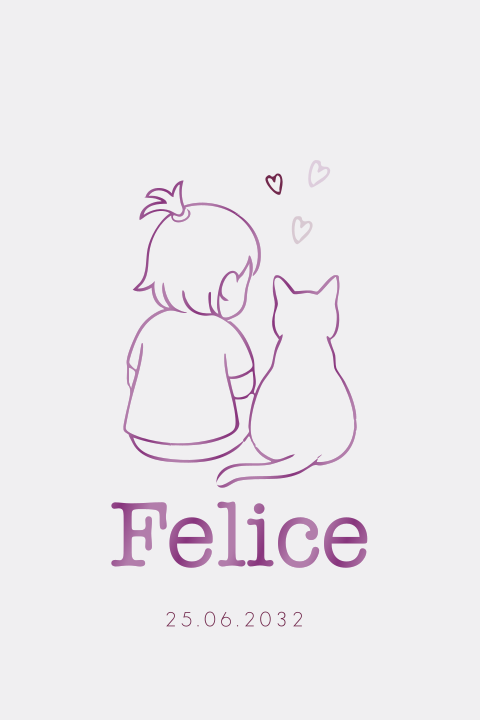 Lief geboortekaartje met lijntekeningen van meisje en haar kat