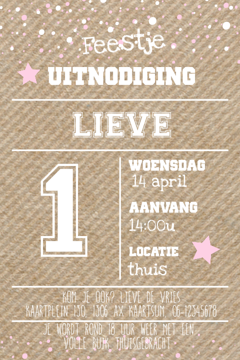 Hippe kraft look uitnodiging meisje 1ste verjaardag