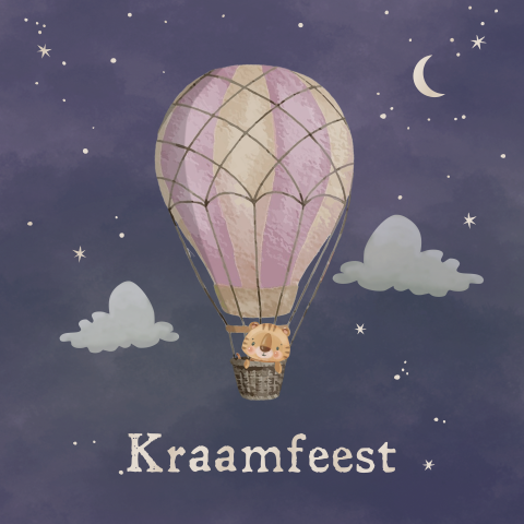 Kraamborrel uitnodiging winterliefde met luchtballon en tijgertje