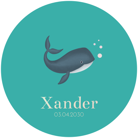 Een rond geboortekaartje voor een jongen met een walvis