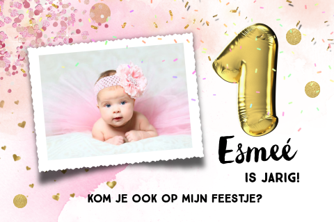 Hippe foto uitnodiging 1ste verjaardag meisje roze