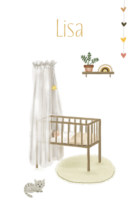 Lief geboortekaartje met baby in wiegje en kat