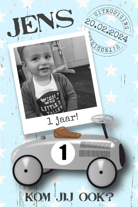 Stoere uitnodiging voor een verjaardag van een jongetje met loopauto