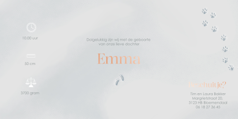 Een leuk geboortekaartje meisje in theatervouw met pootafdrukjes