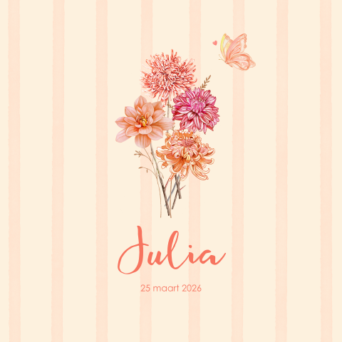 Geboortekaartje meisje dahlia bloemen vlindertje in peach kleur