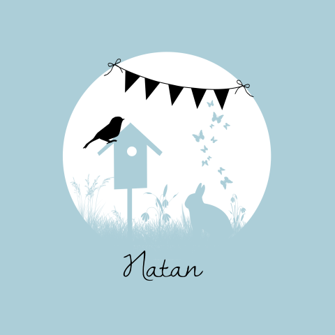 Kaartje met blauw silhouet van dieren en vlaggetjes