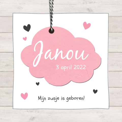 Geboortekaartje zusje met roze wolk en hout